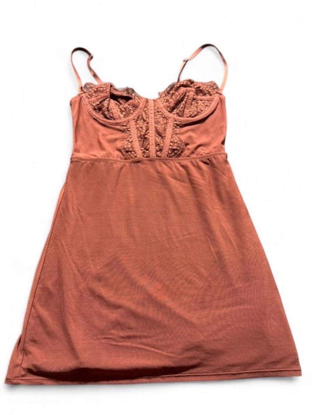 Brown-Colored Lace-Trim Mini Slip Dress